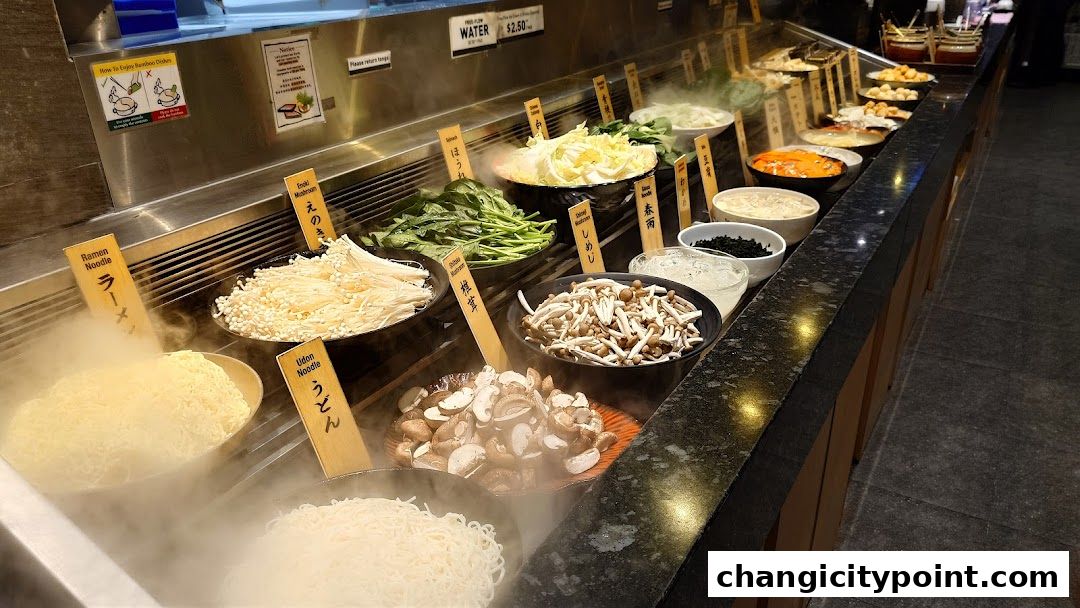 A buffet display of fresh ingredients for hot pot, including noodles, vegetables, and mushrooms.