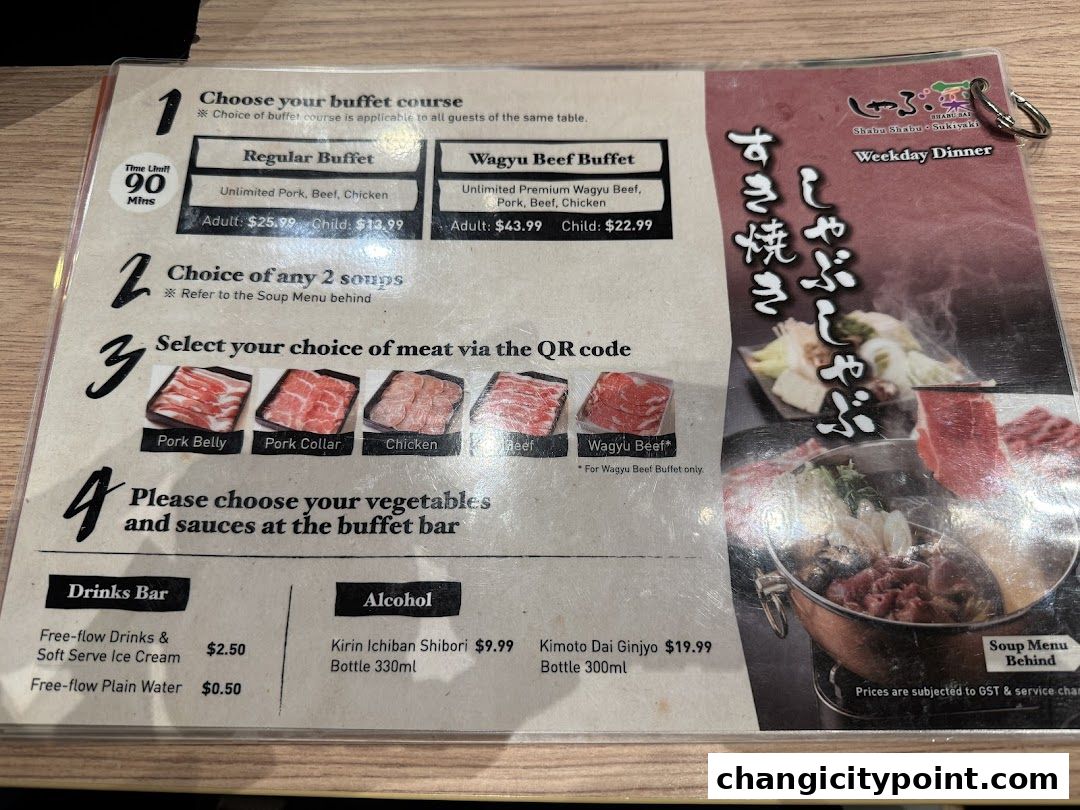 A menu for Shabu Sai restaurant detailing buffet courses, meat choices, and drinks.