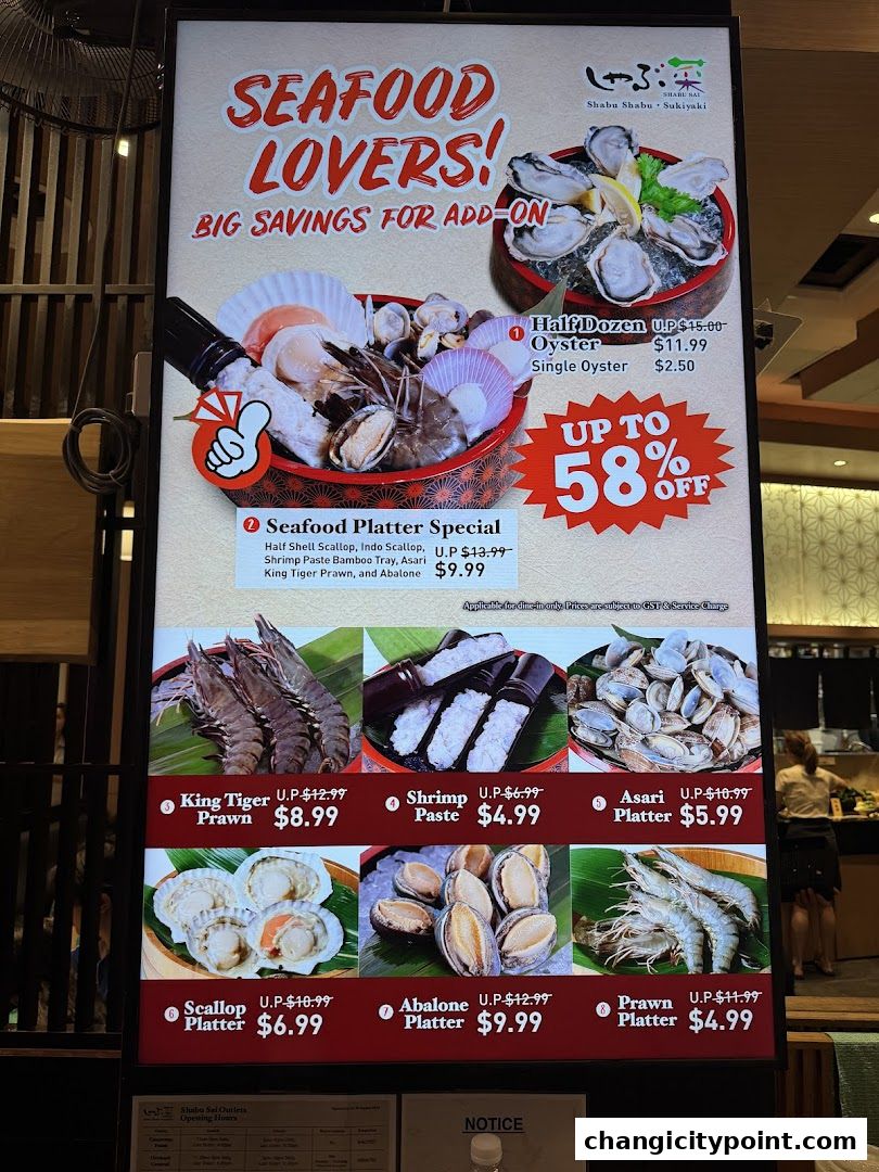 A promotional menu board for Shabu Sai featuring various seafood add-on specials.