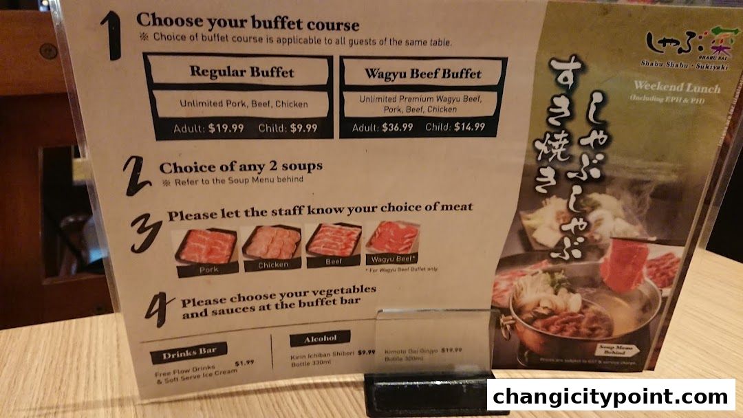A menu for Shabu Sai offering regular and Wagyu beef buffet courses with soup and drink options.