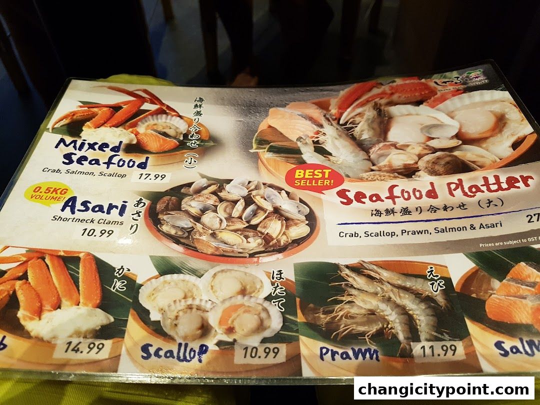 A menu showcasing various seafood platters and individual seafood items with prices.