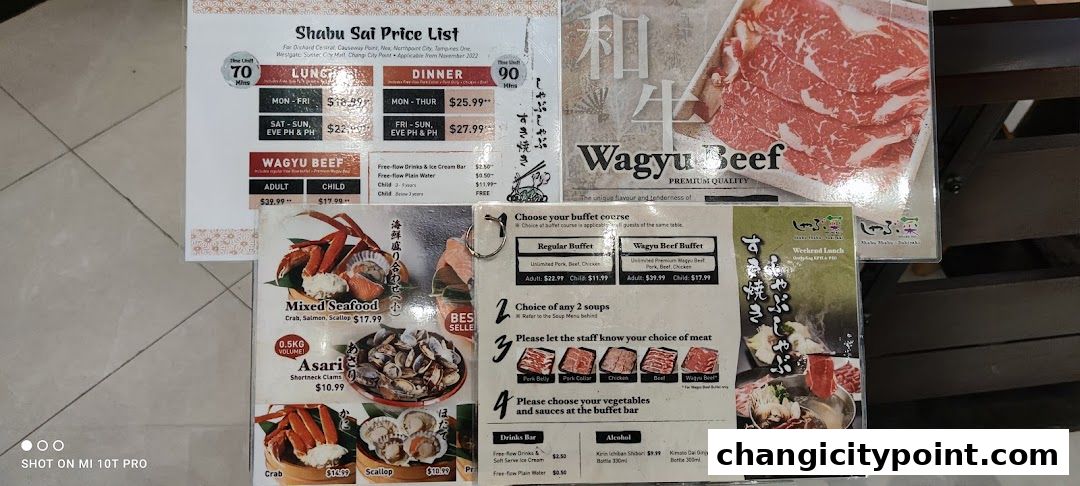 A price list for Shabu Sai featuring lunch, dinner, wagyu beef, and seafood options.