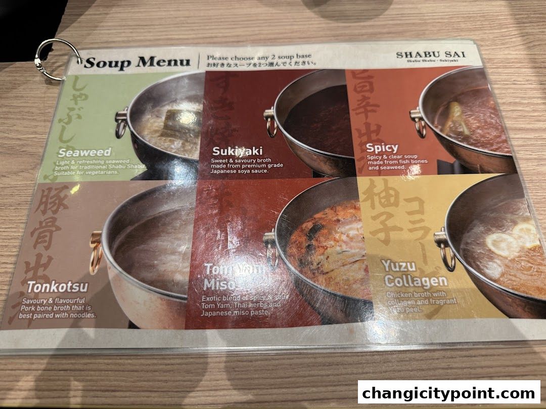 A Shabu Sai soup menu showcasing six different broth options with descriptions and images.