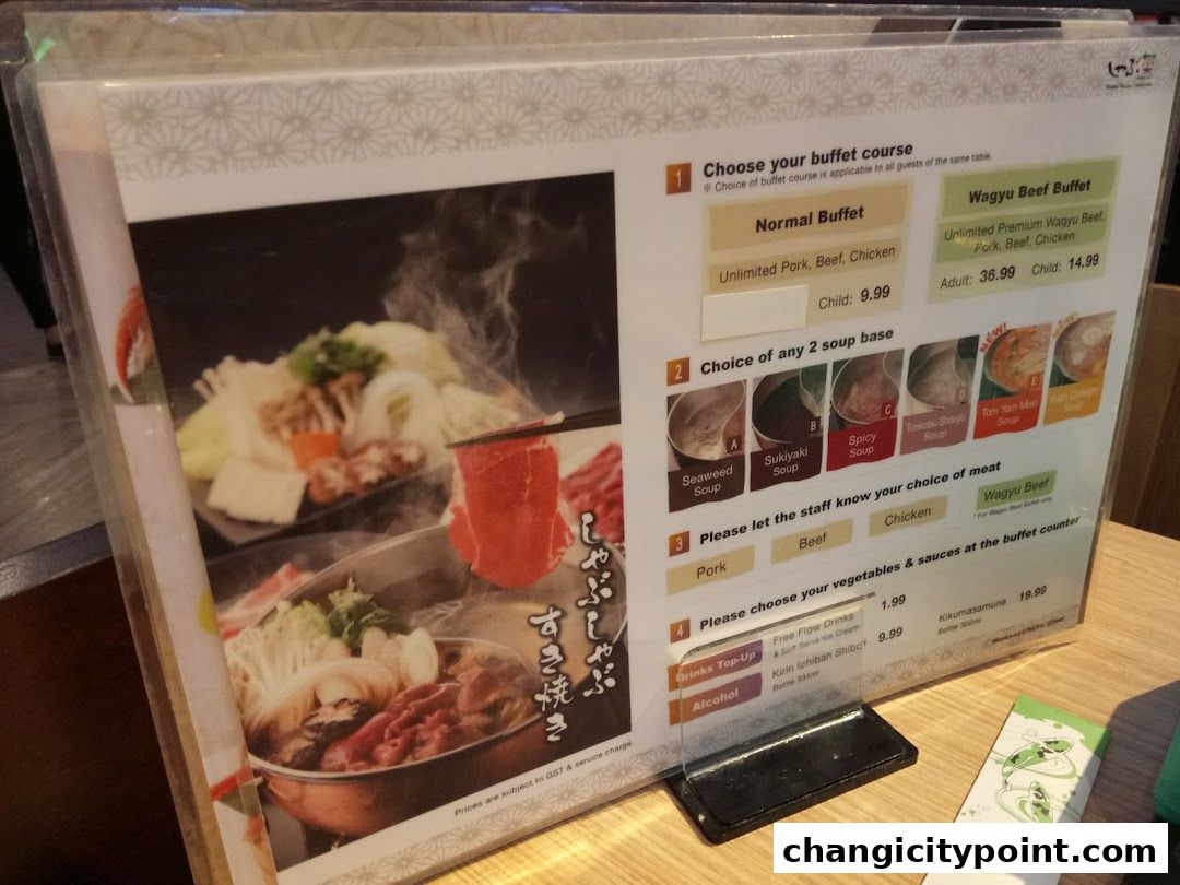 A menu for Shabu Sai offering buffet courses, soup bases, meats, and drinks.