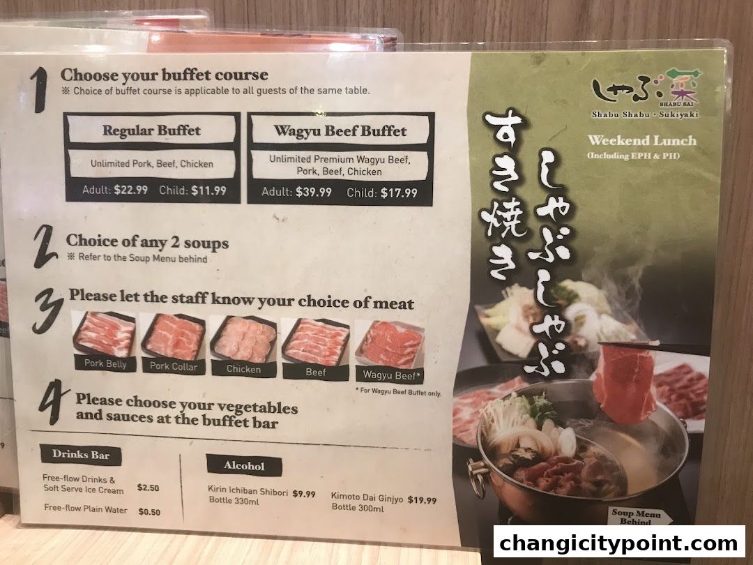 A menu for Shabu Sai offering buffet courses, meat choices, and drinks.