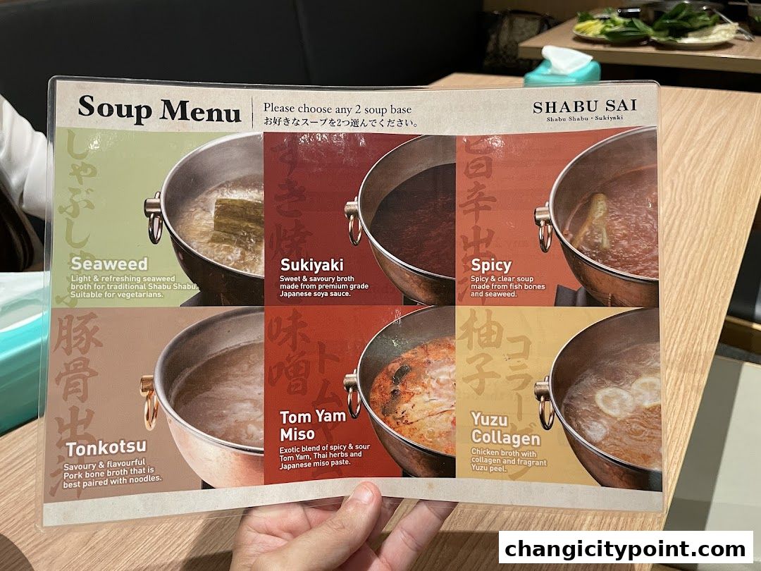 A menu displaying six different soup bases for Shabu Shabu at Shabu Sai.