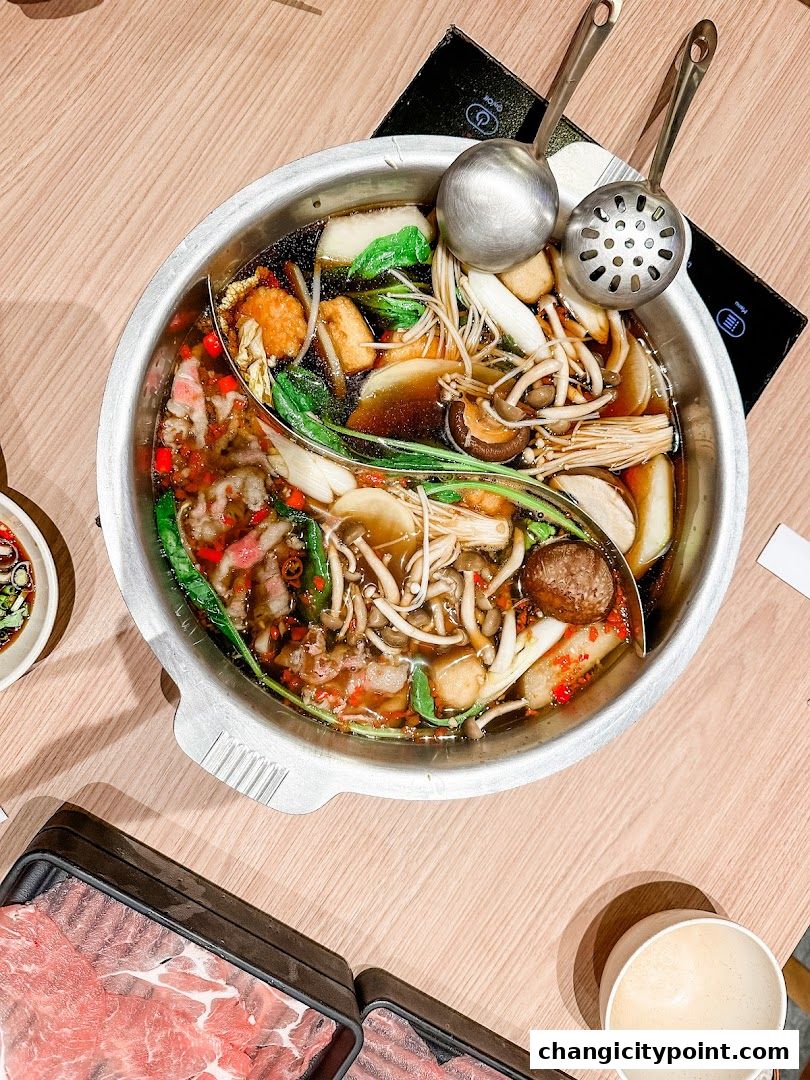 A split pot of shabu-shabu with various ingredients and thinly sliced beef.
