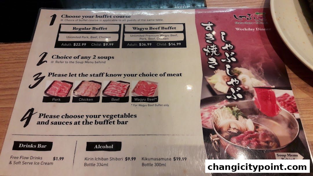 A menu for Shabu Sai offering regular and Wagyu beef buffet courses with drink and alcohol options.
