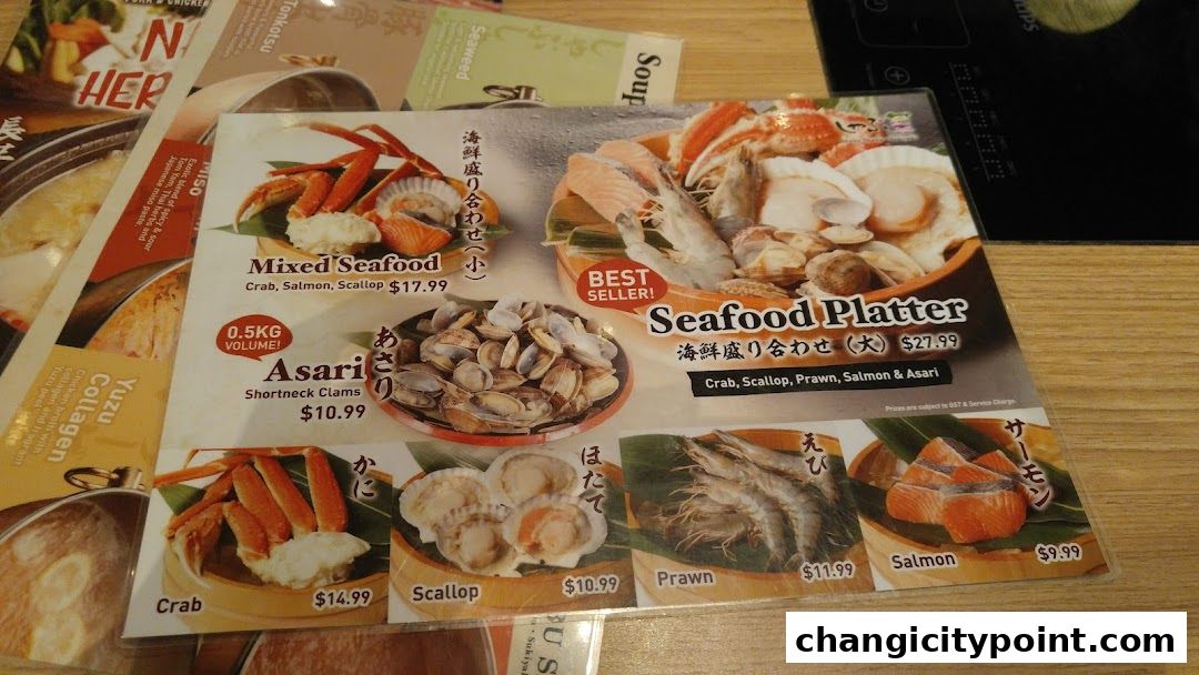 A menu from Shabu Sai featuring various seafood platters and individual seafood items.