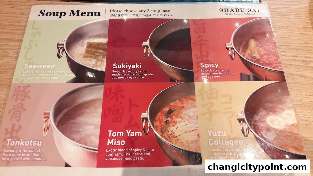 A menu displaying six different soup bases for Shabu Sai, with descriptions and images.