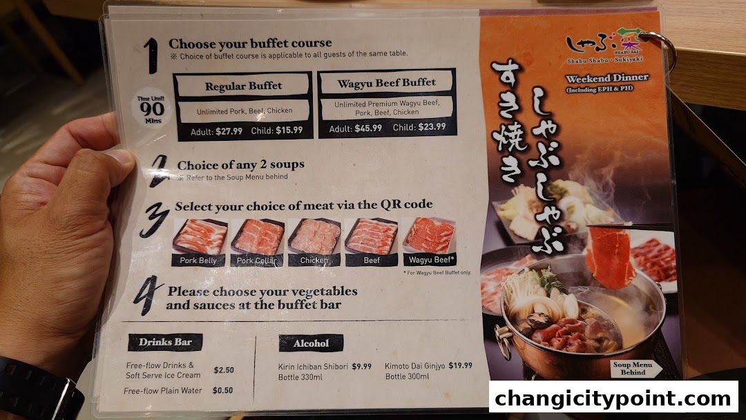 A menu for Shabu Sai offering buffet courses with different meat options and drinks.