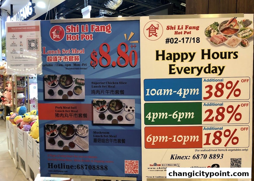 Shi Li Fang Hot Pot advertises lunch set meals and happy hour discounts.