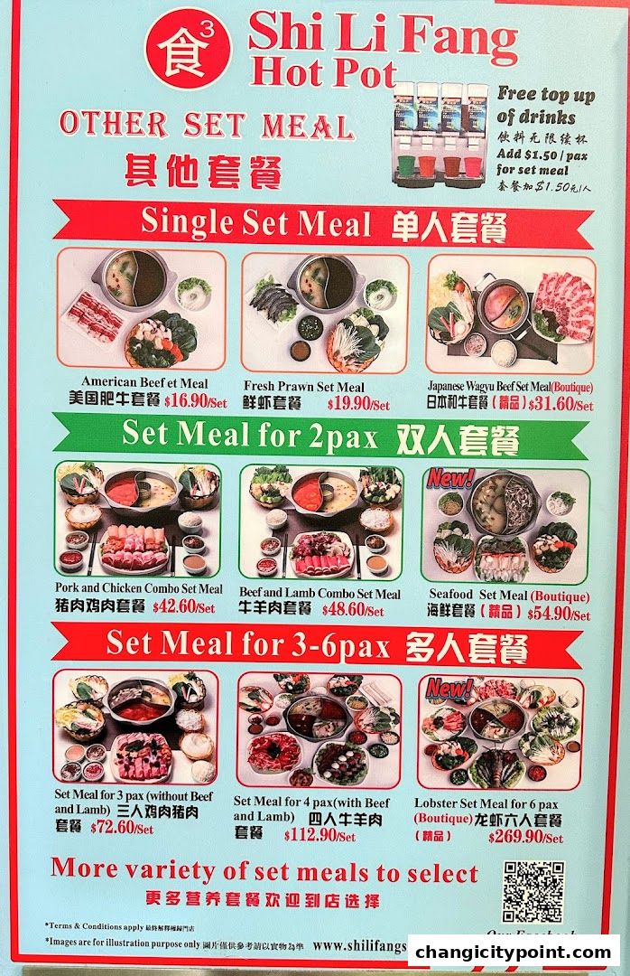 A menu for Shi Li Fang Hot Pot featuring various set meals for different pax sizes.