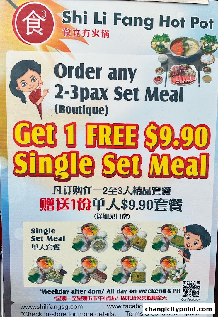 Promotional poster for Shi Li Fang Hot Pot offering a free single set meal with a 2-3 pax set meal purchase.
