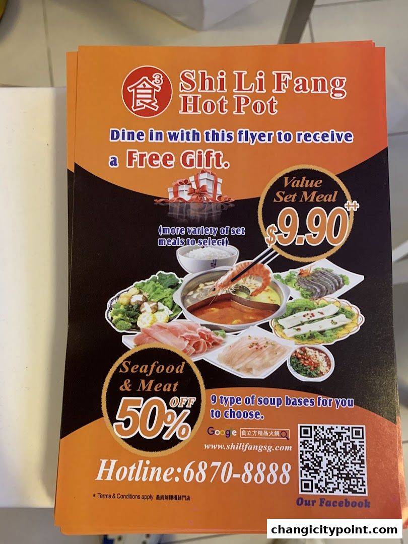 Flyer for Shi Li Fang Hot Pot offering a free gift and 50% off seafood and meat.