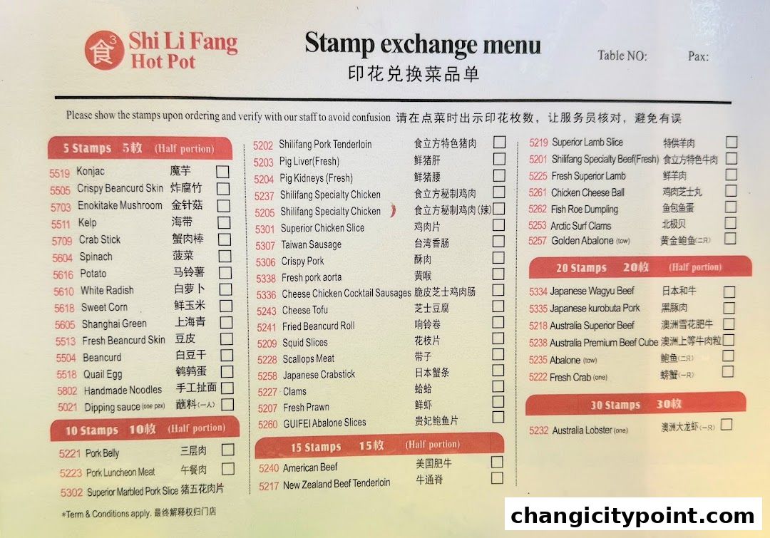 A stamp exchange menu for Shi Li Fang Hot Pot with various dishes and their stamp costs.