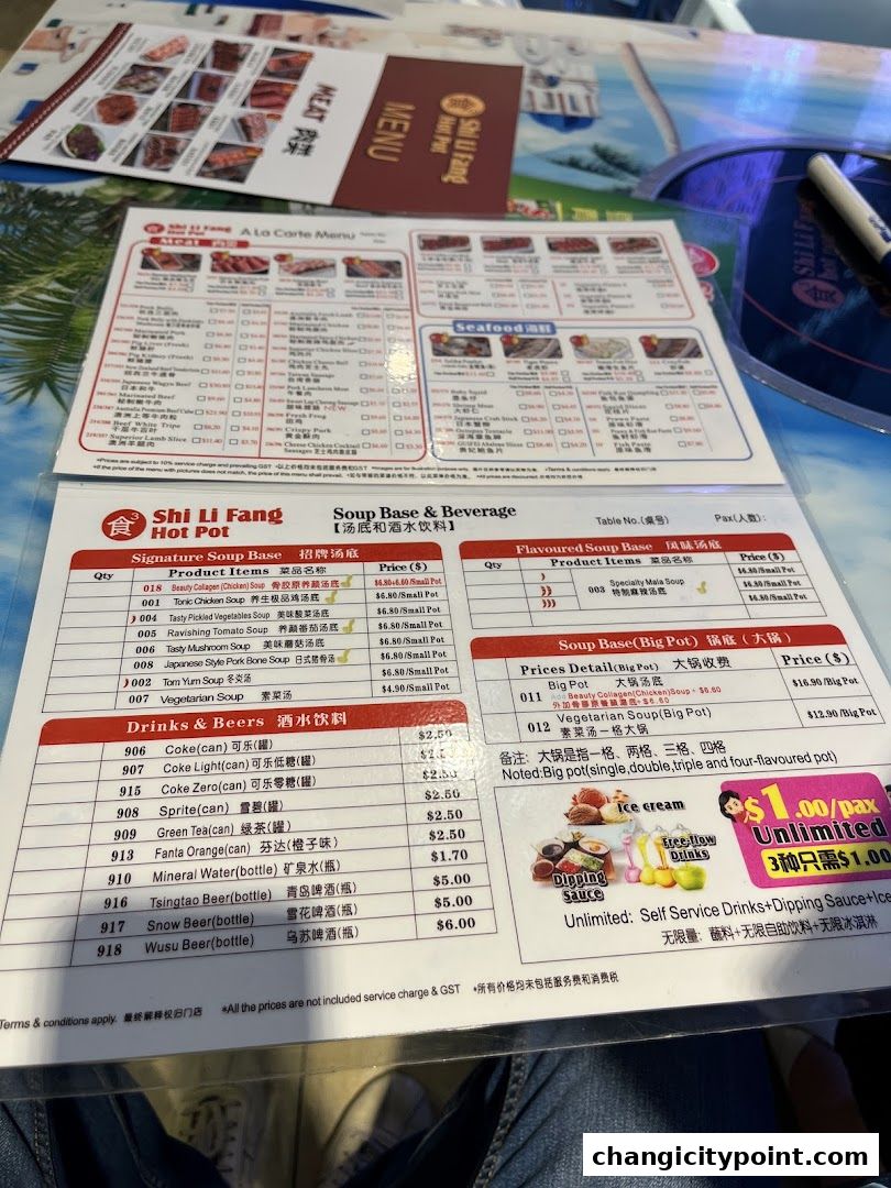 A menu for Shi Li Fang Hot Pot featuring soup bases, drinks, and a special offer.