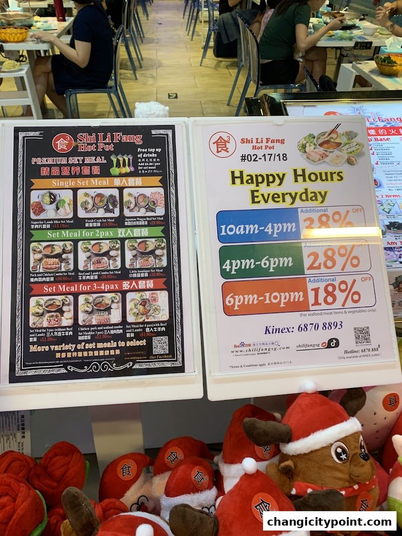 Shi Li Fang Hot Pot menu displaying set meals and happy hour promotions.
