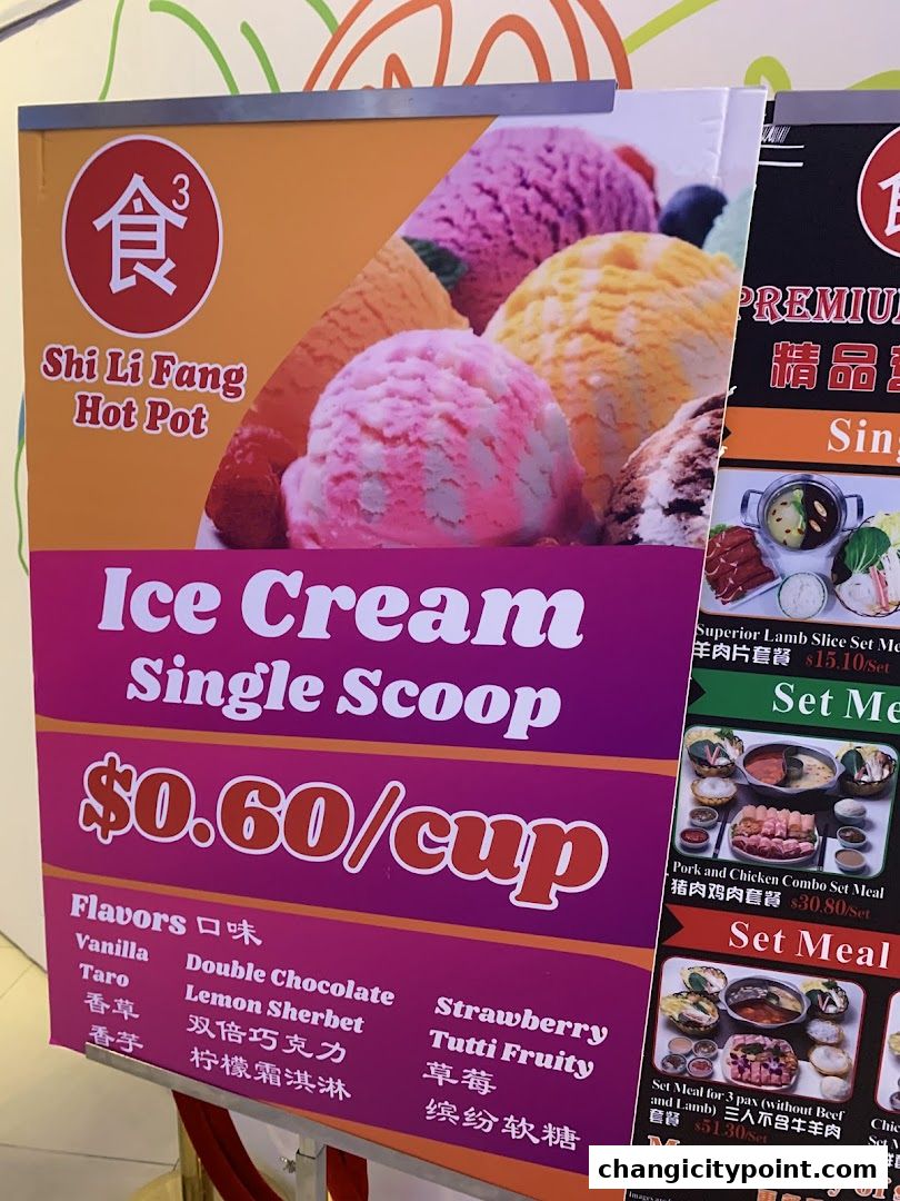 A sign advertising Shi Li Fang Hot Pot's ice cream and set meals.