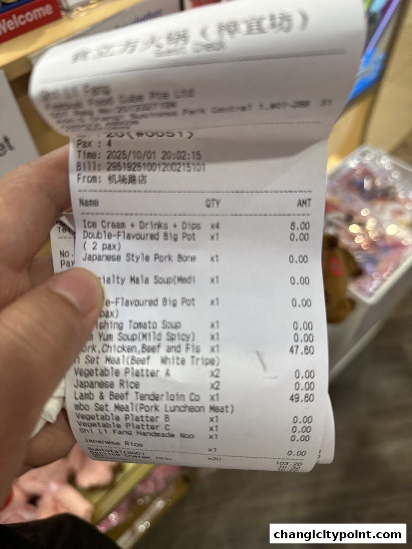 A receipt from Shi Li Fang Hot Pot showing a list of ordered items and their prices.