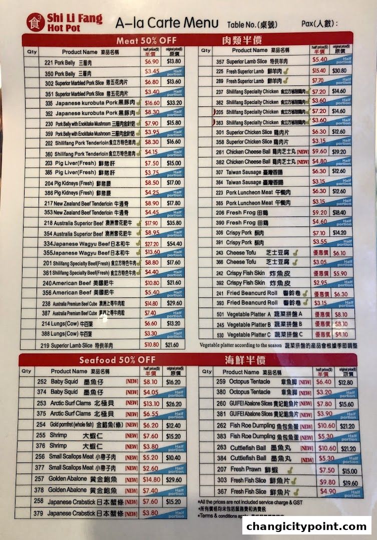 A menu from Shi Li Fang Hot Pot with meat and seafood options at 50% off.