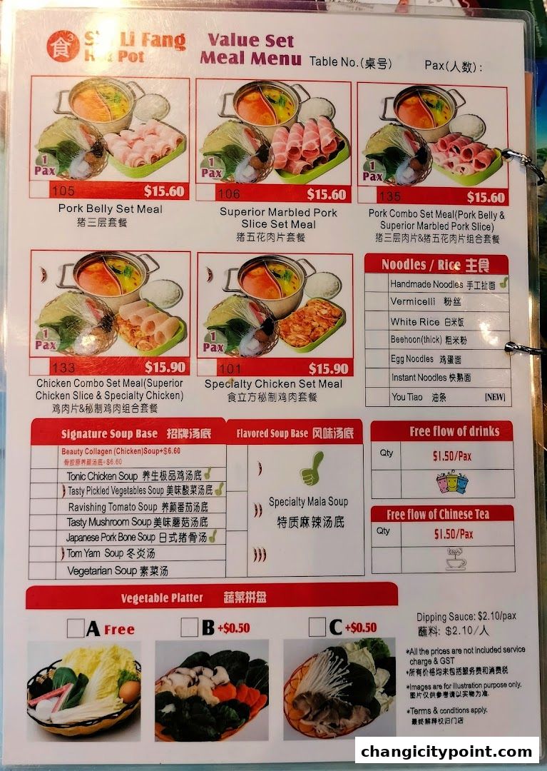 A menu for Shi Li Fang Hot Pot featuring value set meals, soup bases, noodles, and drinks.