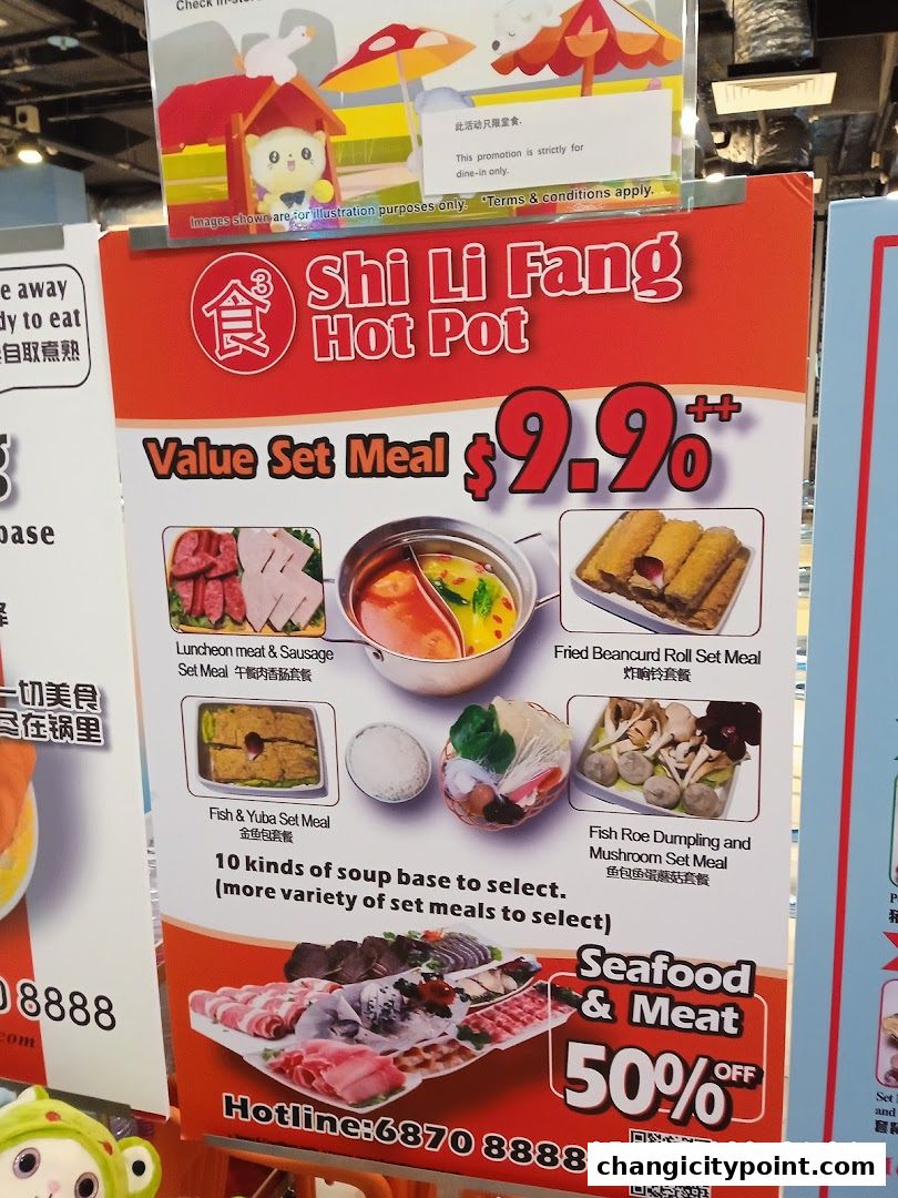 A promotional poster for Shi Li Fang Hot Pot featuring set meals and discounts.