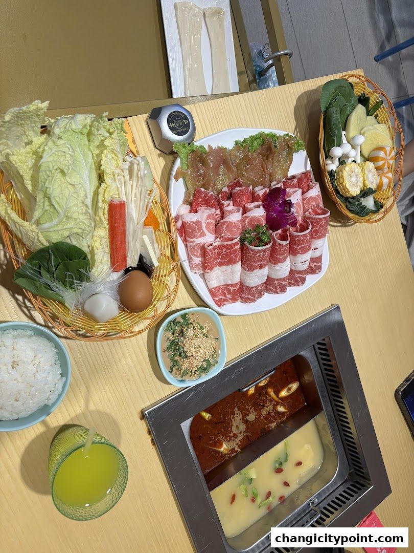 A table set for hot pot with various ingredients, dipping sauce, rice, and a drink.