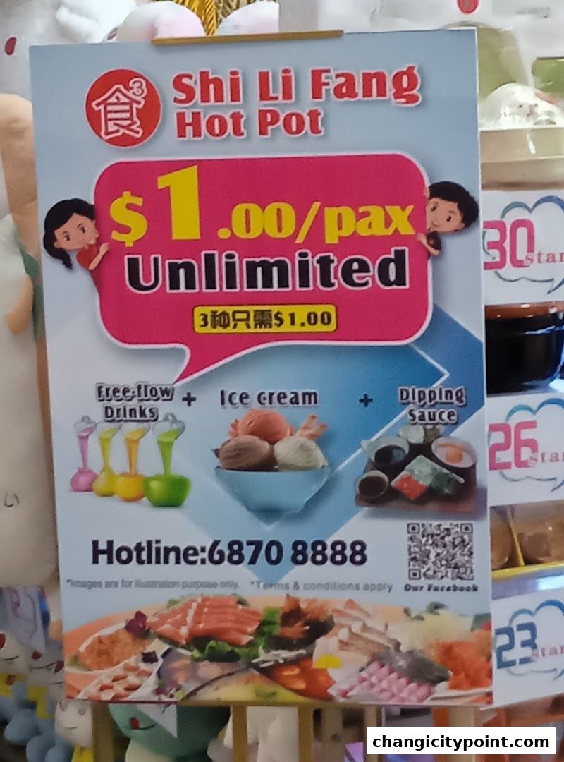A promotional poster for Shi Li Fang Hot Pot offering unlimited free-flow drinks, ice cream, and dipping sauce for $1.00 per pax.