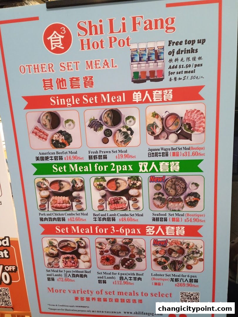 A menu board for Shi Li Fang Hot Pot showcasing various set meals for individuals and groups.
