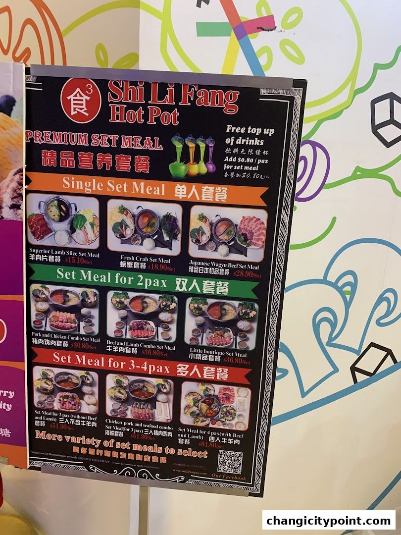 A menu for Shi Li Fang Hot Pot featuring premium set meals for individuals and groups.