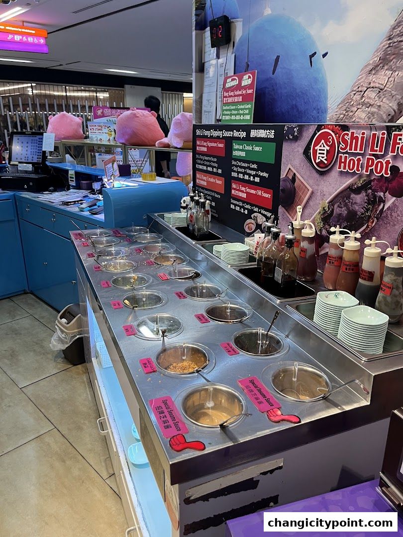 A hot pot restaurant counter with various dipping sauces and ingredients displayed.
