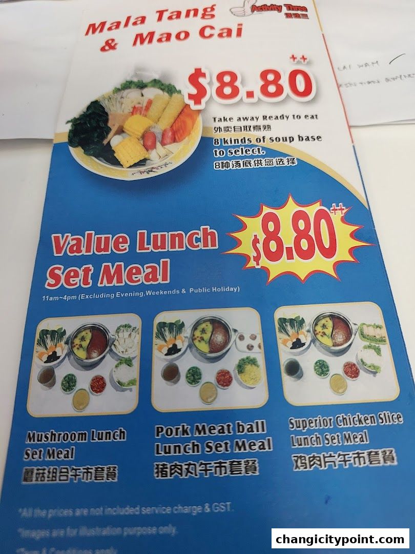 A menu for Mala Tang & Mao Cai offering value lunch set meals for $8.80.
