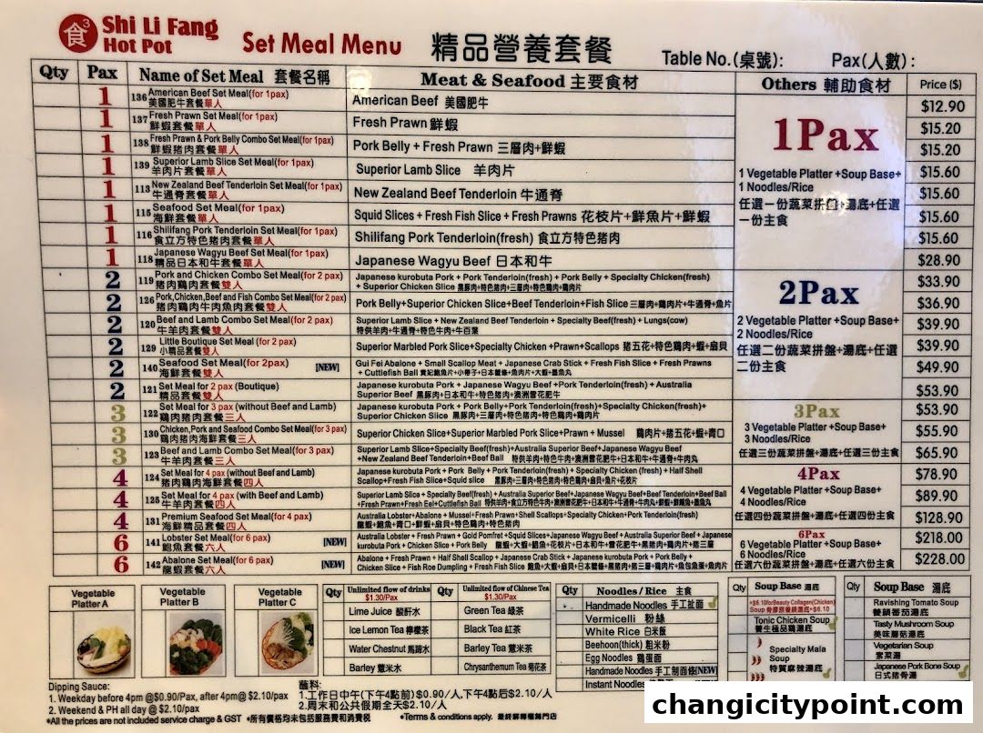 A menu for Shi Li Fang Hot Pot featuring set meals with various meat and seafood options.