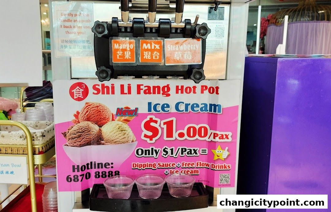 Shi Li Fang Hot Pot advertises ice cream with flavors like Mango, Mix, and Strawberry for $1.