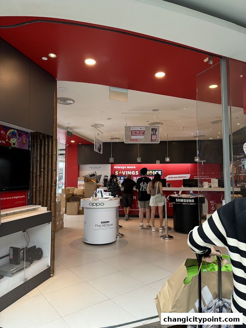 Interior view of a Singtel Exclusive Retailer shop with displays and customers.
