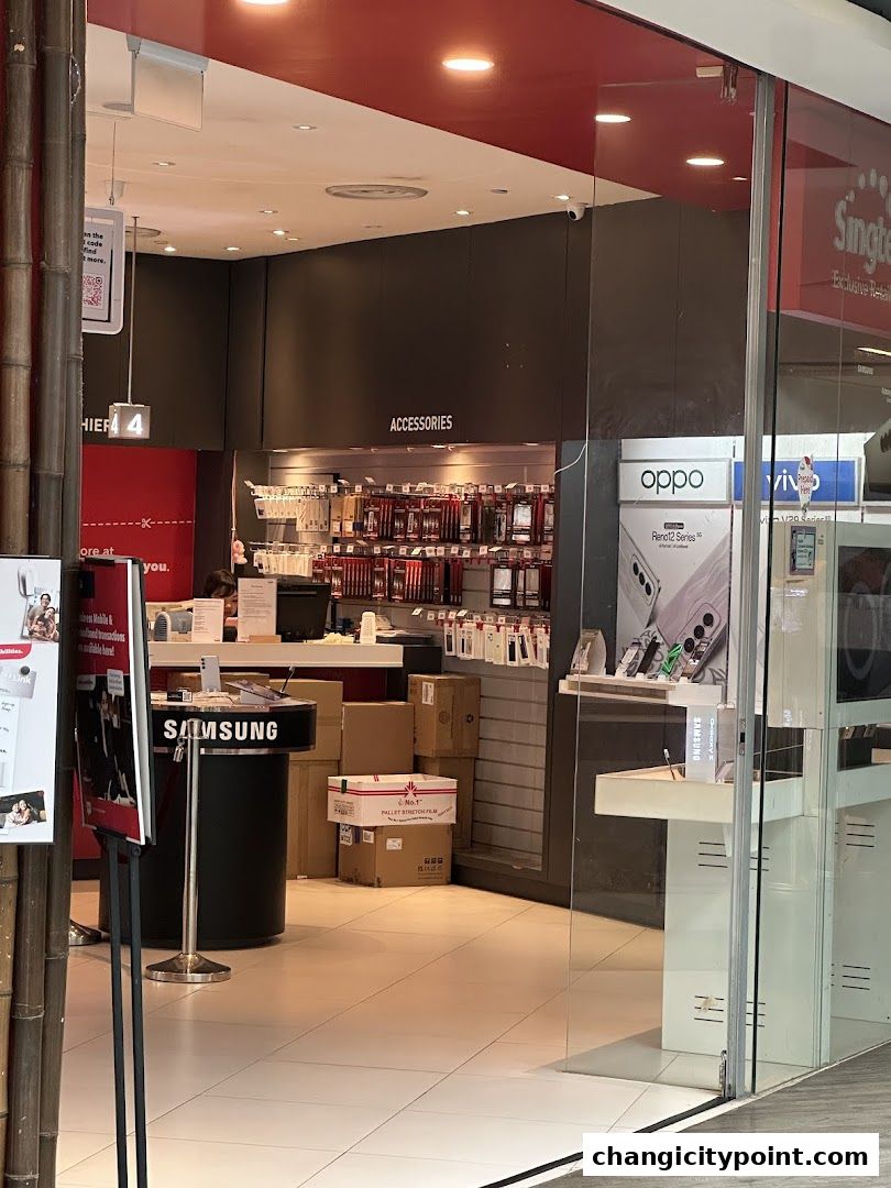 Entrance of a Singtel Exclusive Retailer shop with accessories and Samsung products displayed.