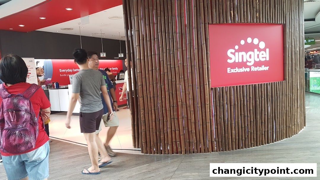 Singtel Exclusive Retailer shop entrance with bamboo-like facade and red signage.