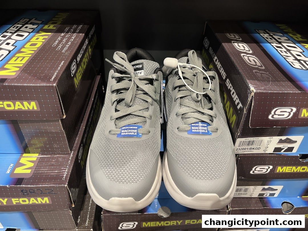 Skechers shoes with memory foam technology displayed in boxes.