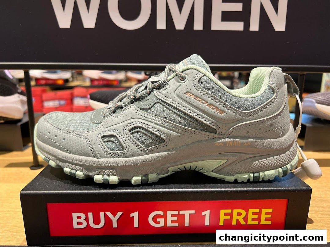 A Skechers trail shoe displayed with a 'Buy 1 Get 1 Free' promotion.