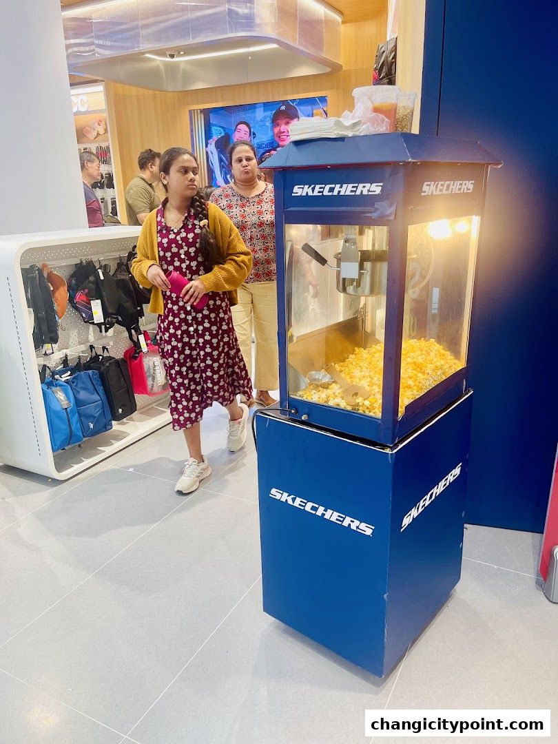 People in a Skechers store with a popcorn machine and merchandise on display.