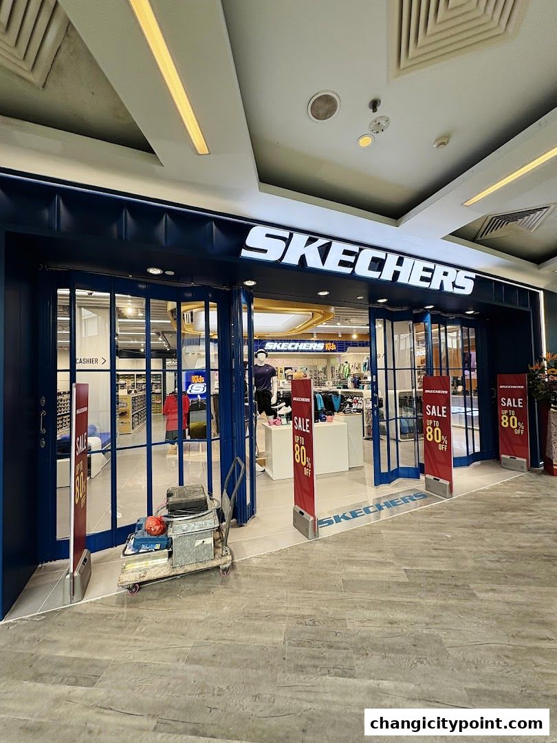 Skechers store front with large signage and sale banners.