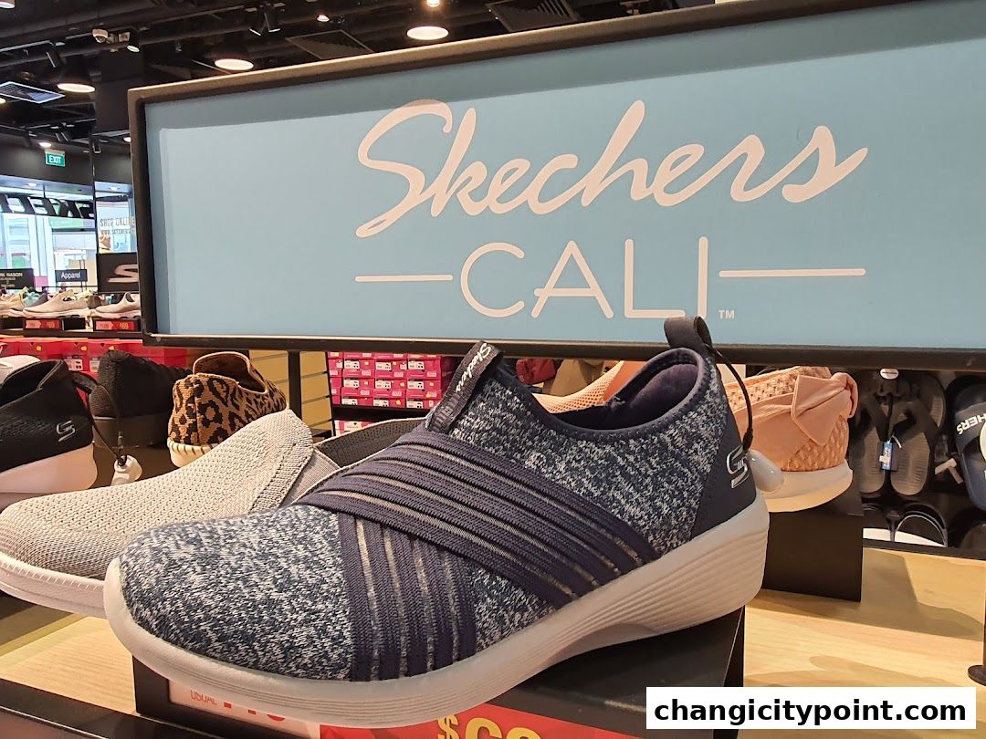 Skechers Cali shoes displayed prominently with a backdrop of various footwear.