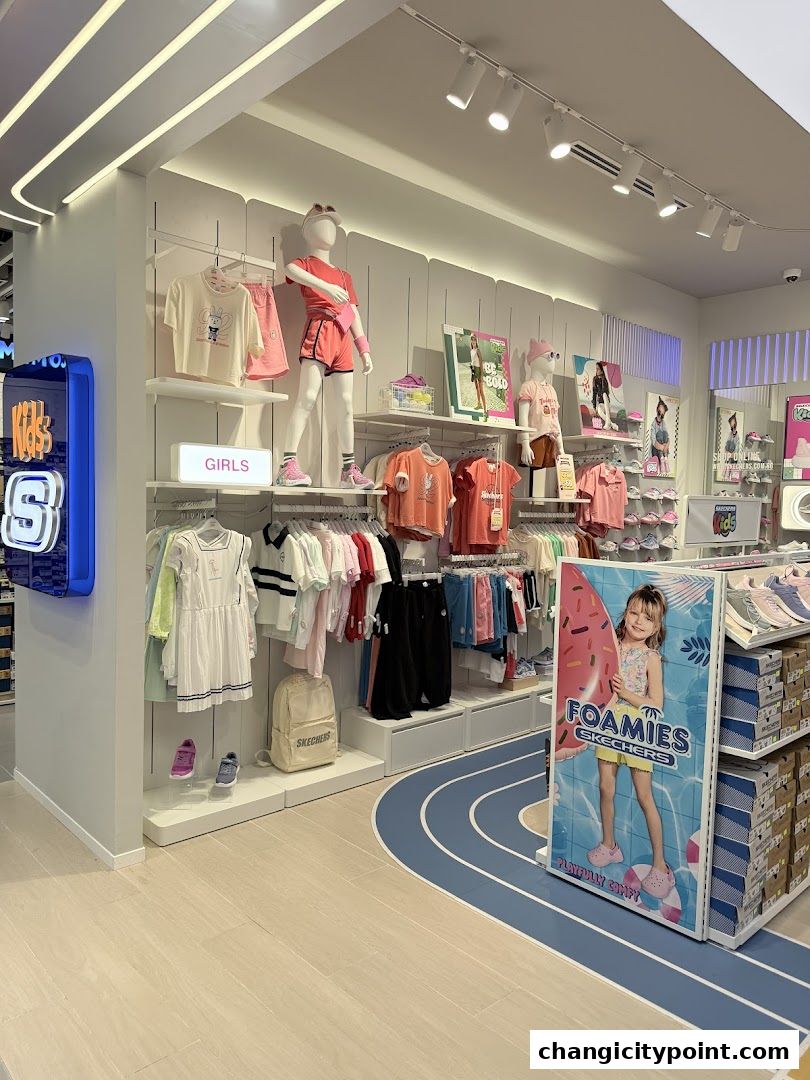 Interior view of a Skechers store showcasing girls' apparel and footwear.