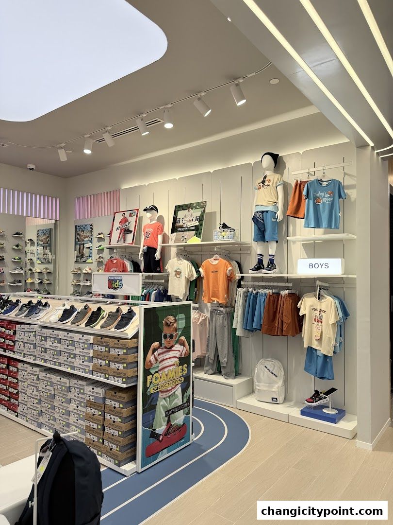 Interior view of a Skechers store showcasing children's apparel and footwear.