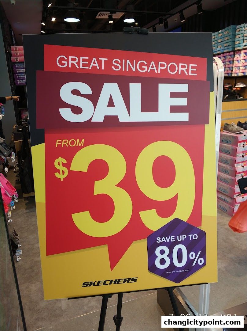 A sign advertising the Great Singapore Sale at Skechers, with prices starting from $39 and up to 80% off.