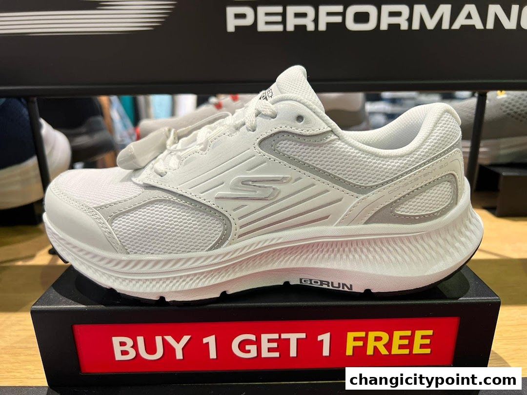 A white Skechers GOrun shoe displayed with a 'Buy 1 Get 1 Free' promotion.