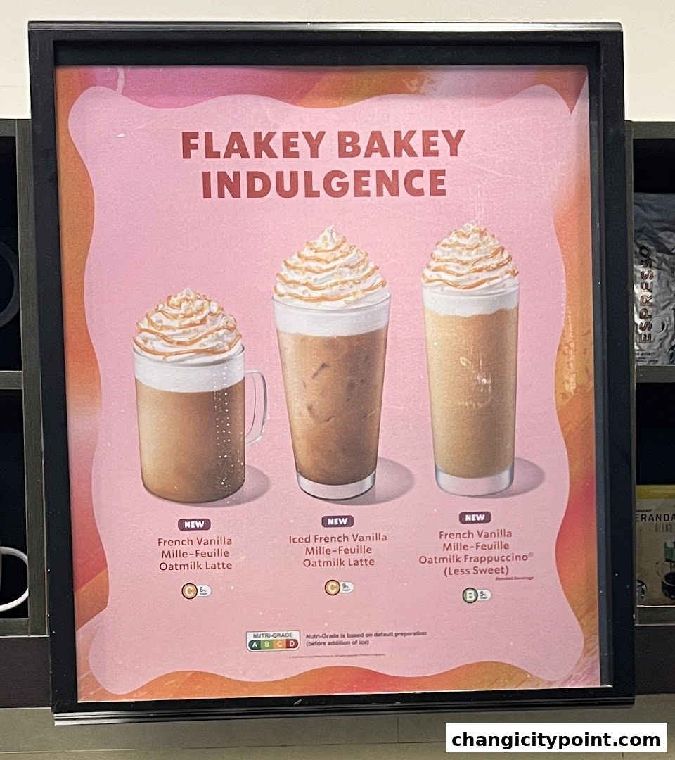A menu board showcasing three new French Vanilla Mille-Feuille Oatmilk beverages.
