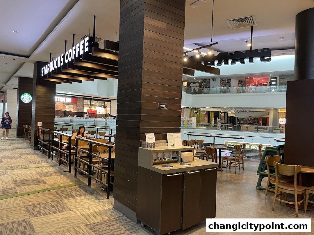 Starbucks Coffee shop interior with seating and a view of the mall.