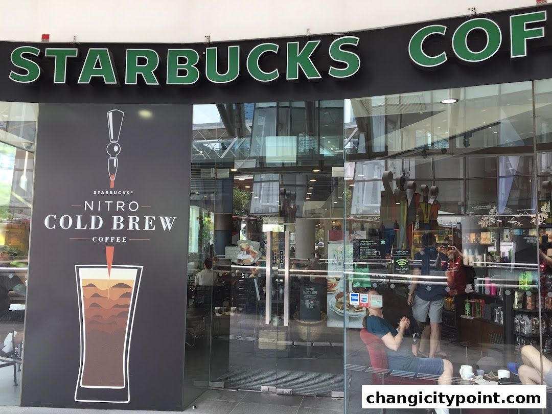 Starbucks storefront with a large advertisement for Nitro Cold Brew coffee.
